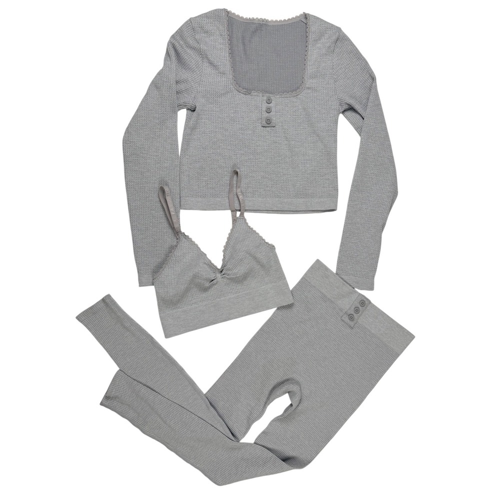 Fabletics Lounge Set Women S Grey Waffle Knit 3 Piece Crop Top Bra Leggings